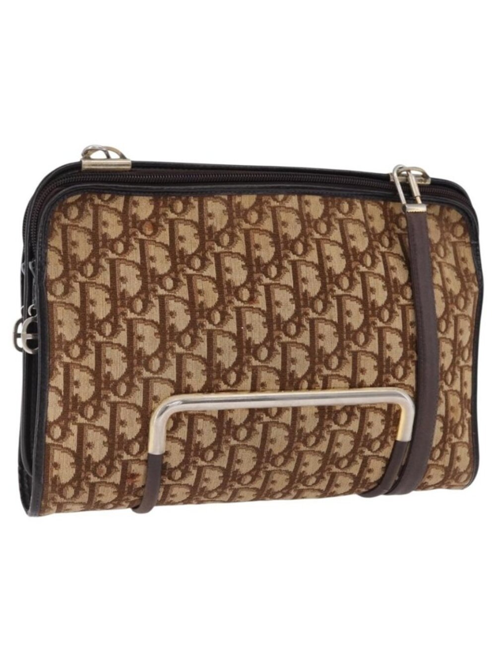 Authentic Christian Dior Trotter Canvas Shoulder Bag Beige Gold Tone